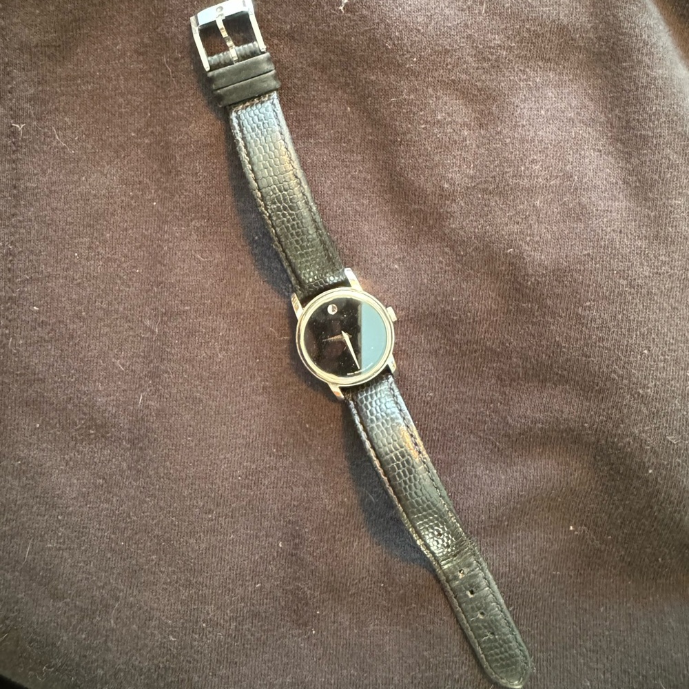 Movado Silver and black Leather Watch